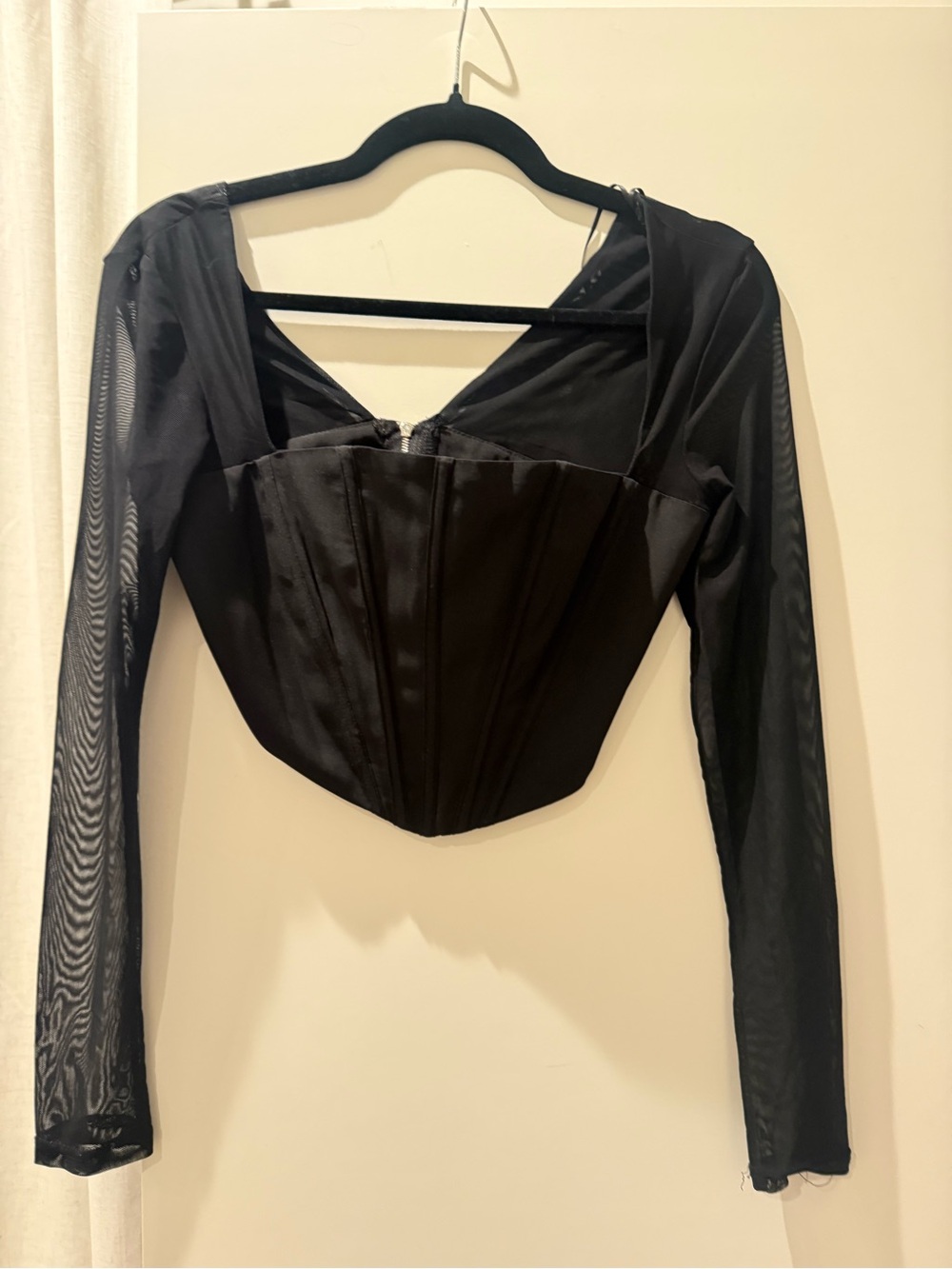 Black Long-Sleeve Mesh Corset Top